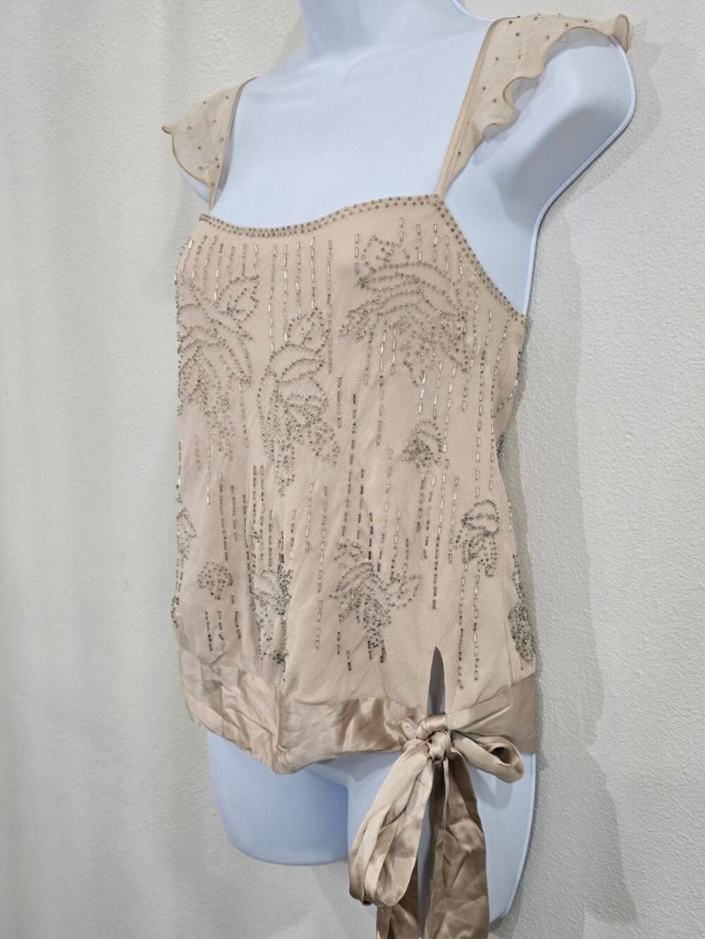 Express ✦ Silk Ruffle Sleeve Blouse ✦ Side Tie Beaded Embellished Floral XS - Picture 3 of 11